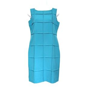 Calvin Klein Sheath Dress Womens Size 4-6 Teal Blue Windowpane Textured Classic